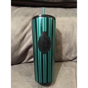 Brand New Starbucks Haunted Mansion Black and Green Striped Tumbler with Straw